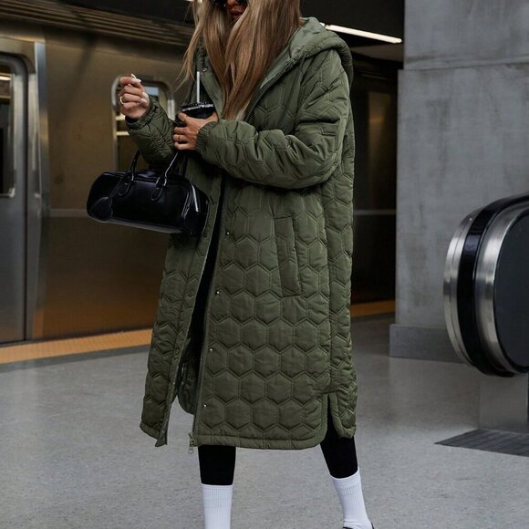 Army Green Casual Women's Hooded Long Padded Jacket Coat - Picture 5 of 6